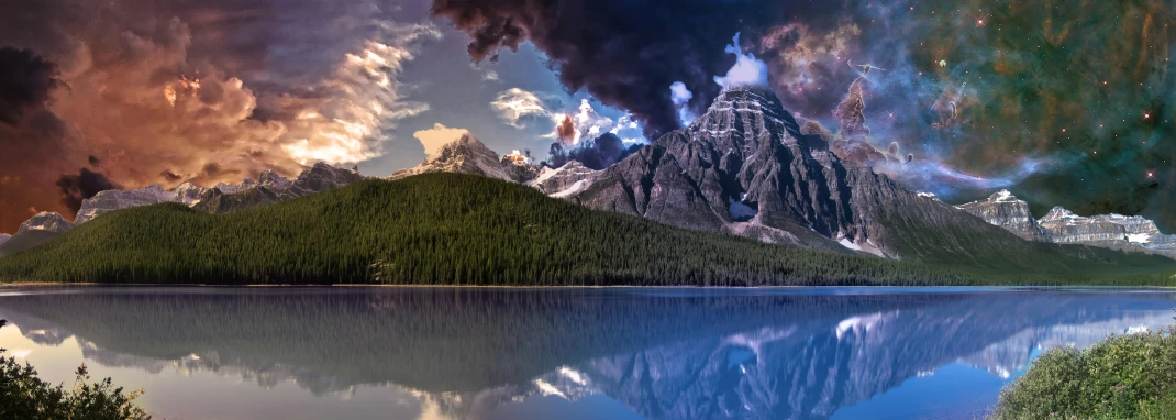 a large body of water with a mountain in the background, inspired by Johfra Bosschart, pexels contest winner, surrealism, banff national park, extreme panoramic, paul barson, stunning skies