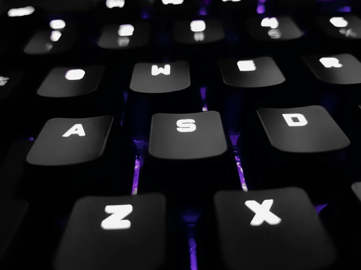 a close up of the keys of a computer keyboard, a computer rendering, by Adam Marczyński, unsplash, computer art, multiple stories, black white purple, skin on the gaming pc, shot on sony a 7