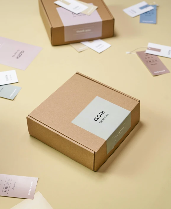 a couple of boxes sitting on top of a table, product introduction photo, earthy light pastel colours, label, box cutter