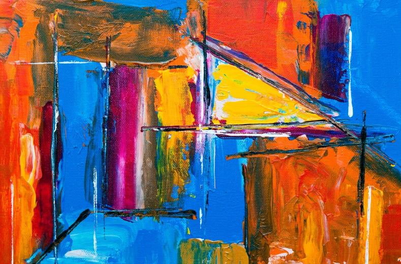 a painting of a boat on a body of water, an abstract painting, pexels contest winner, abstract expressionism, colorful house, oil on canvas 4k, split - complementary - colors, (abstract)