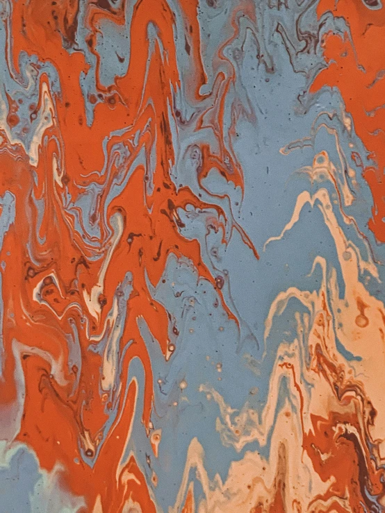 a close up of a painting of orange and blue, all marble, pour paint, gray and orange colours, ilustration