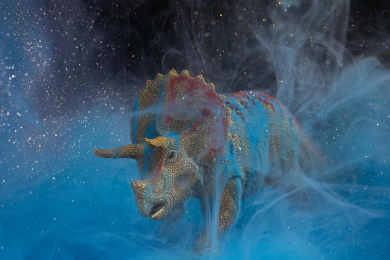 a close up of a toy tricera with smoke coming out of it, unsplash contest winner, magic realism, holographic plastic, triceratops, image credit nat geo, floating in a nebula