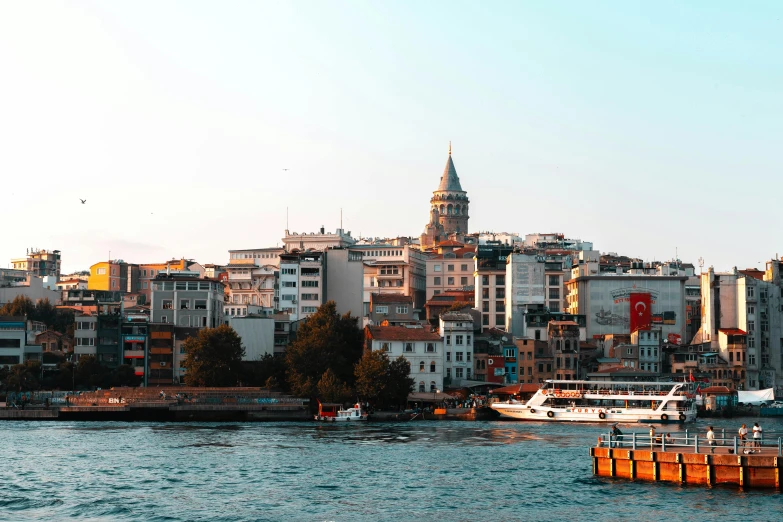 a large body of water next to a city, pexels contest winner, hurufiyya, mixture turkish and russian, youtube thumbnail, port scene background, 90s photo