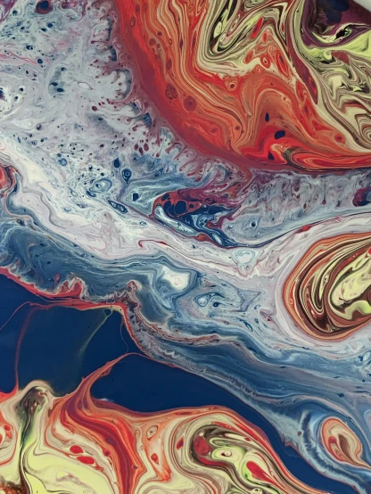 a close up of a painting with a blue sky in the background, inspired by Umberto Boccioni, trending on unsplash, generative art, marbled swirls, red fluid, nasa space photography, river delta