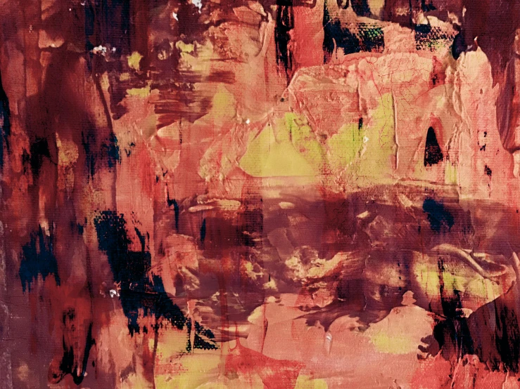 a close up of a painting on a wall, inspired by Gerhard Richter, pexels, abstract expressionism, pink forest, yellows and reddish black, (night), expressive face