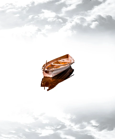 a small boat floating on top of a body of water, an album cover, reflections in copper, white background, promo image, single image