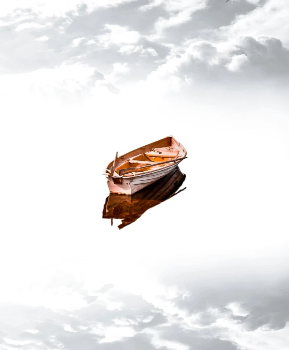 a small boat floating on top of a body of water, an album cover, reflections in copper, white background, promo image, single image