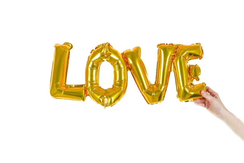 a person holding up a gold love balloon, medium detail, really long, official product image, thumbnail