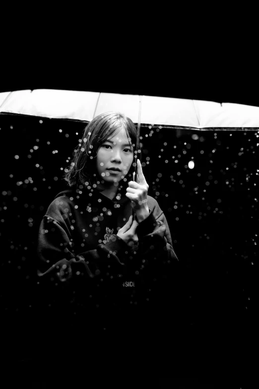 a woman holding an umbrella in the rain, a black and white photo, by Gang Hui-an, lofi album art, ██full of expressions██, junki ito, with index finger