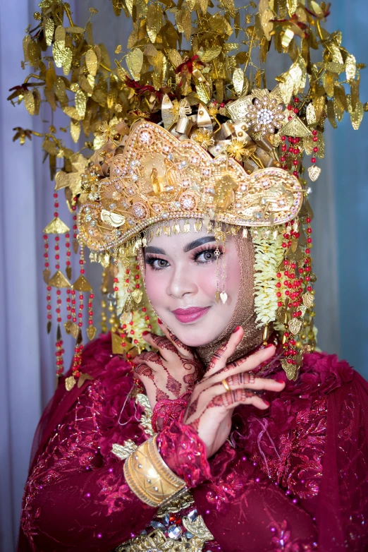a close up of a person wearing a costume, by Basuki Abdullah, square, bride, 8k quality, pose 4 of 1 6