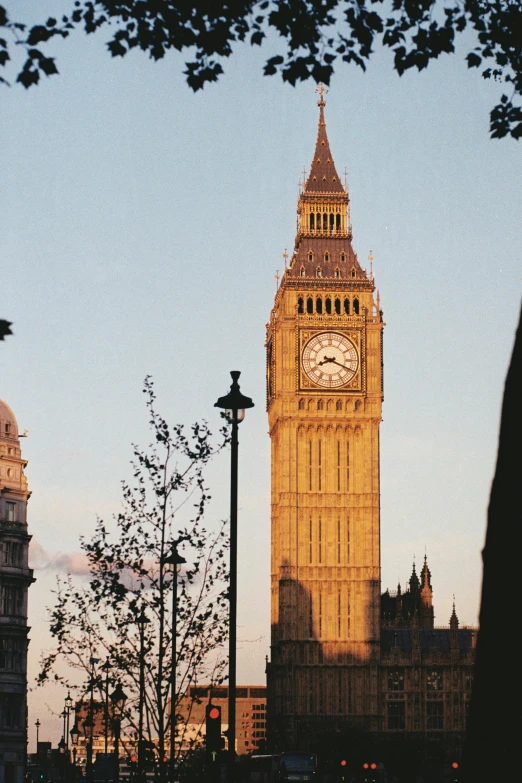 the big ben clock tower towering over the city of london, by IAN SPRIGGS, renaissance, 2006 photograph, evening sunlight, government archive photograph, trees around