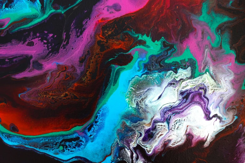 a close up of a painting on a black surface, by Leticia Gillett, trending on pexels, abstract art, colourful slime, mauve and cinnabar and cyan, iridescent fractal, colored marble