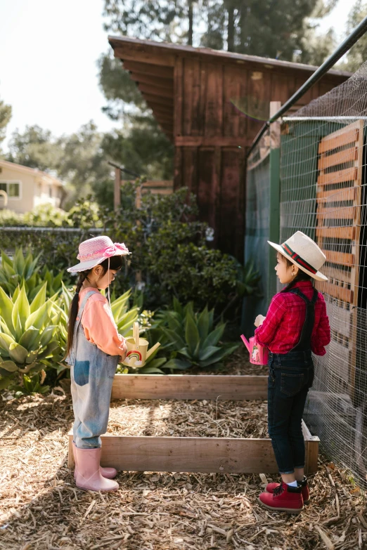 a couple of little girls standing next to each other, by Gwen Barnard, unsplash, process art, backyard garden, chickens, california, fiona staples and kinu nishimura