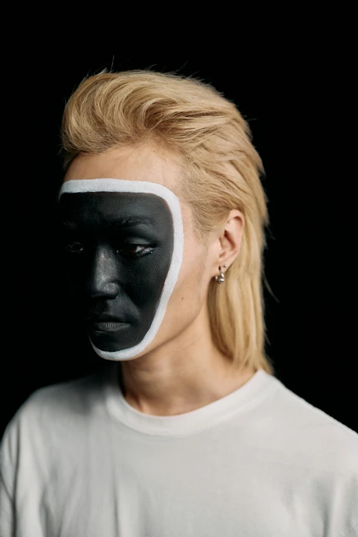 a woman with black paint on her face, an album cover, reddit, hyperrealism, with a white complexion, wei wang, blonde swedish woman, vantablack cloth technology