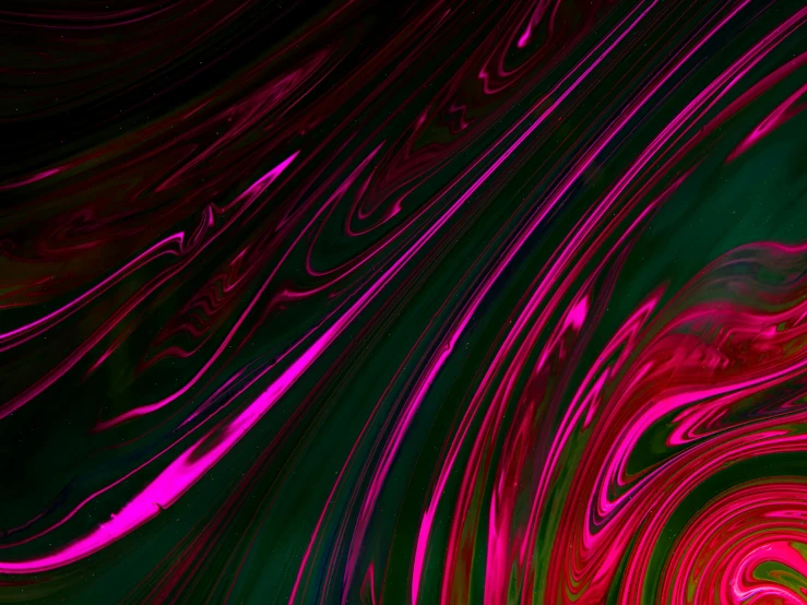 a pink and green swirl on a black background, inspired by Anna Füssli, flickr, abstract art, glossy surface, purple and red color bleed, vaporwave textures, messy lines