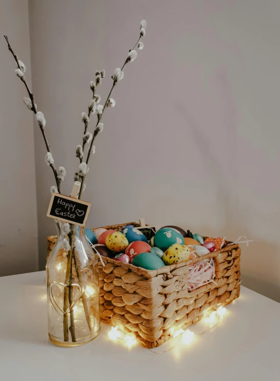 a basket filled with eggs sitting on top of a table, led light accents, hand painted, designed for cozy aesthetics!, product photo