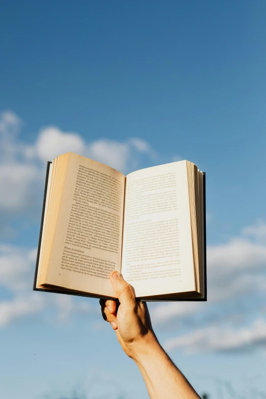 a person holding an open book up in the air, blue skies, informative texts, highly upvoted, small features