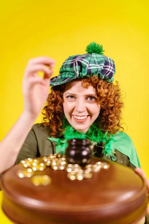 a woman holding a chocolate cake in front of her face, a portrait, trending on unsplash, renaissance, pots of gold, wearing a kilt, sam hyde in gold suit, with piles of coins around it