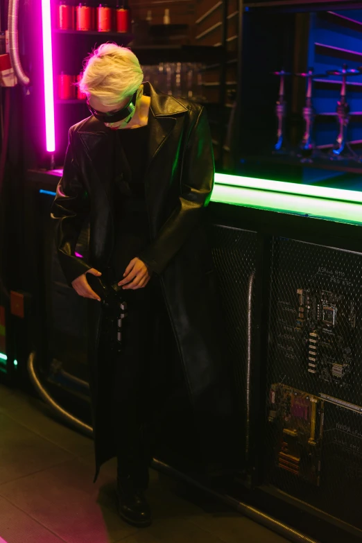 a woman standing in front of a bar with neon lights, cyberpunk art, unsplash, holography, wearing black sith robes, wearing black leather trenchcoat, standing in a server room, wearing a full leather outfit