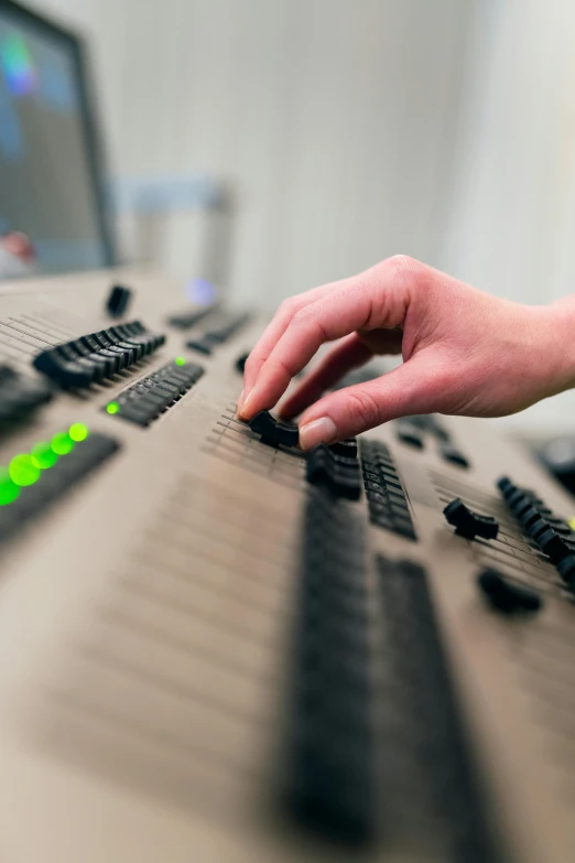 a close up of a person's hand on a keyboard, synthetism, radio equipment, on a advanced lab, the console is tall and imposing, tannoy