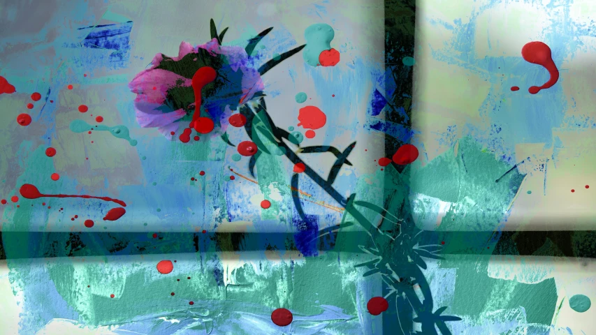 a close up of a vase with a flower in it, a digital painting, inspired by Julian Schnabel, deviantart, lyrical abstraction, blue colors with red accents, digital art - w 640, cyan and magenta, contemporary painting