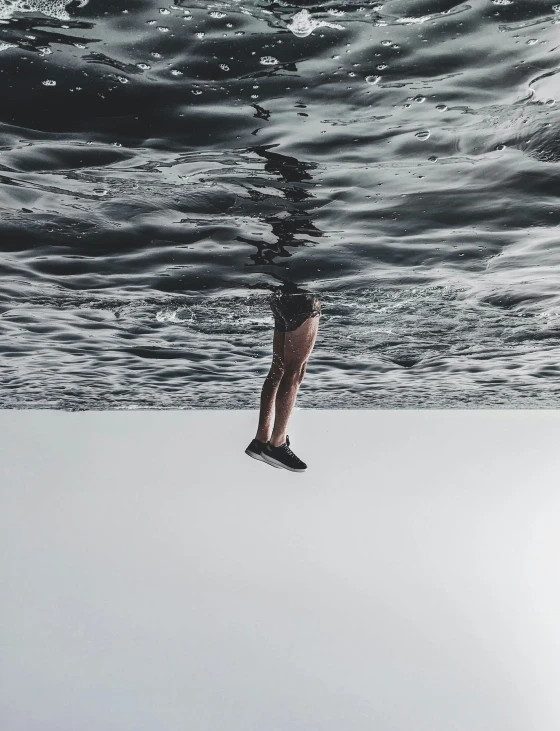a person standing in the middle of a body of water, an album cover, unsplash contest winner, suspended in zero gravity, hyperrealism painting, trending on vsco, mid view from below her feet