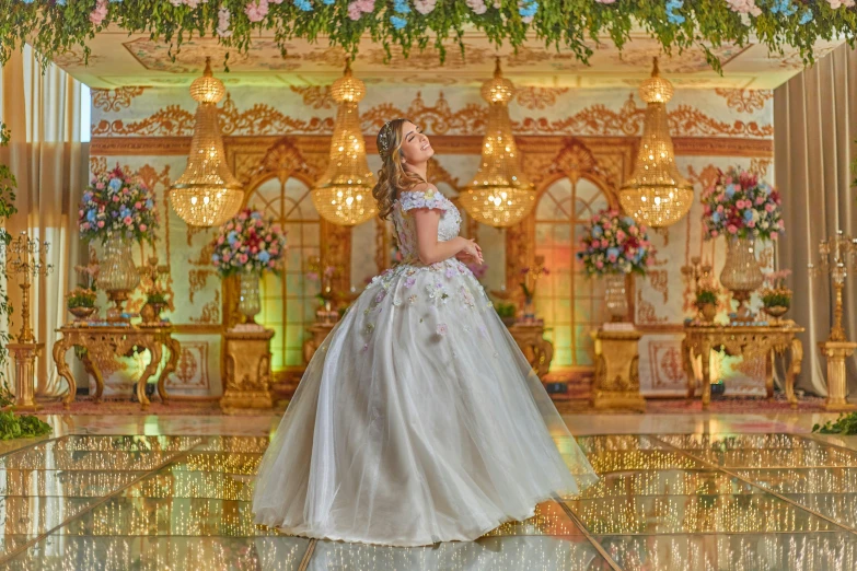 a woman in a wedding dress standing on a stage, a portrait, pixabay contest winner, rococo, on a mosaic marble floor dais, ariana grande photography, luxurious environment, ornate cosplay