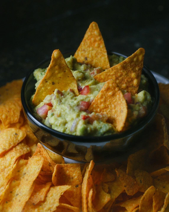 a bowl of guacamole and chips on a plate, by Carey Morris, pexels, renaissance, square, lights, kek, gif