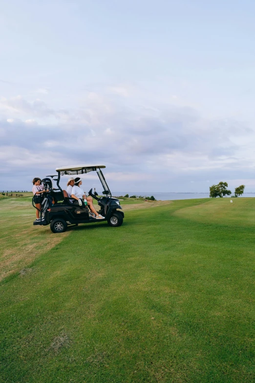 a group of people riding on the back of a golf cart, near the sea, with a lush grass lawn, grass, skies