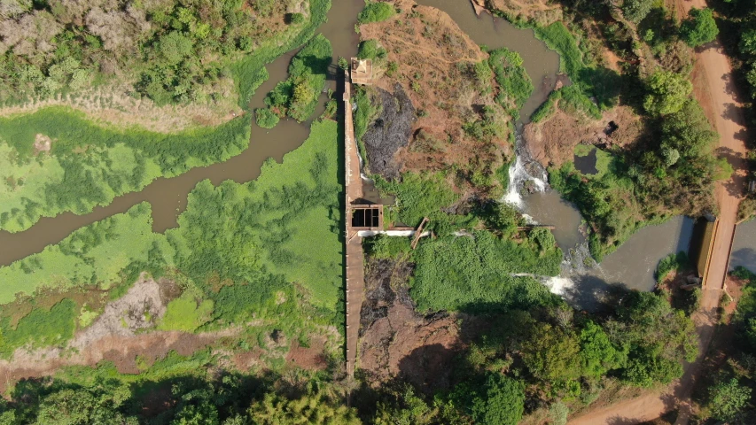 a river running through a lush green forest, an album cover, pexels contest winner, hurufiyya, damaged structures, aerial view cinestill 800t 18mm, nile river environment, thumbnail