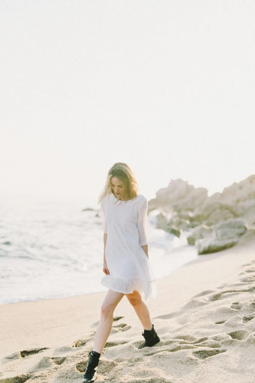 a woman walking on a beach next to the ocean, unsplash, renaissance, wearing a cute white dress, malibu canyon, medium format. soft light, transparent background