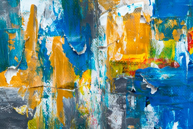 a close up of a painting on a wall, an abstract painting, by Micha Klein, trending on pixabay, abstract expressionism, some yellow and blue, 144x144 canvas, torn paper collage, paint brush strokes