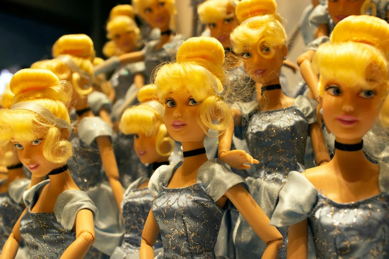 a close up of a bunch of dolls with blonde hair, by Pixar, cinderella, in the macys parade, ap art