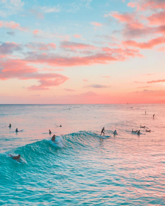 a group of people riding surfboards on top of a wave, pink skies, turquoise water, flatlay, ((sunset))