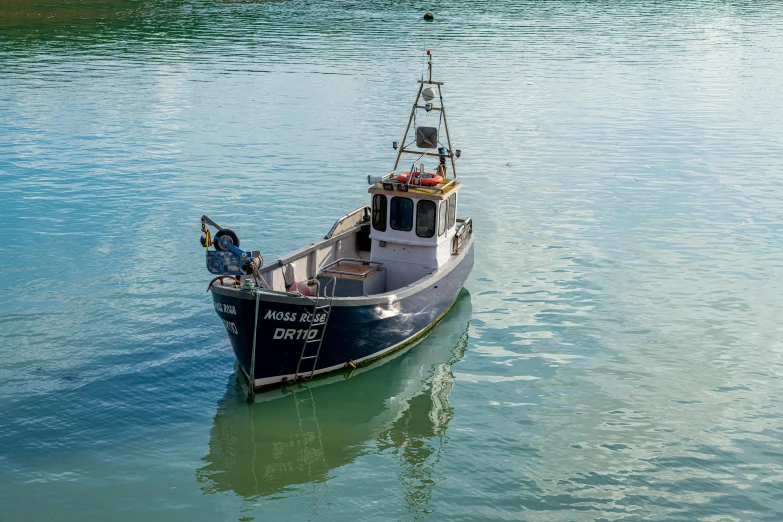 a small boat floating on top of a body of water, inspired by Ivor Williams, pexels contest winner, fishing boat, three quarter angle, harbour, upscaled to high resolution