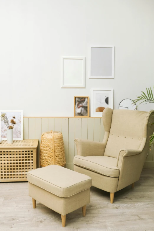 a living room with a chair and ottoman, a picture, inside a frame on a tiled wall, with a white background, ikea, anxiety environment