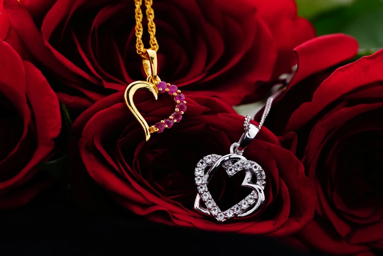 a couple of red roses sitting next to each other, by Julia Pishtar, multiple golden necklaces, rose gold heart, with sparkling gems on top, platinum jewellery