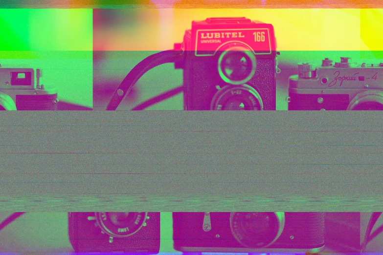 a couple of cameras sitting on top of a table, inspired by Andy Warhol, video art, tv color test pattern, faded lsd colors, muted colors. ue 5, synthwave image