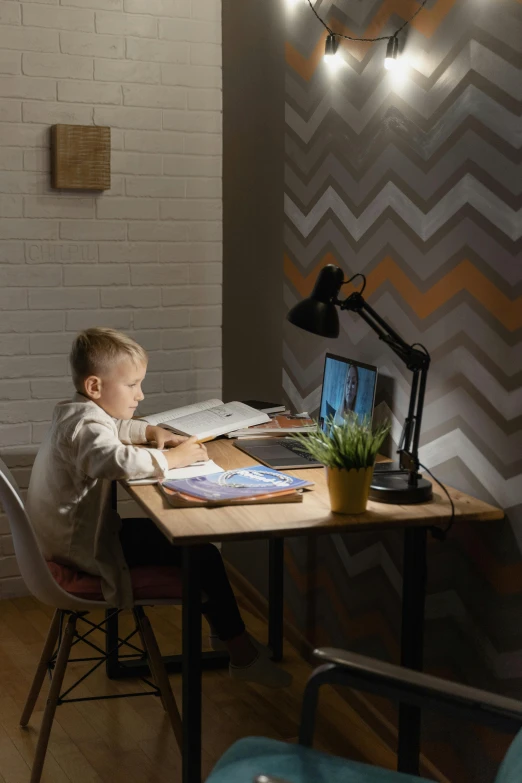 a young boy sitting at a desk in front of a laptop computer, trending on reddit, realism, led lamps, high-quality photo, global lighting, room lighting