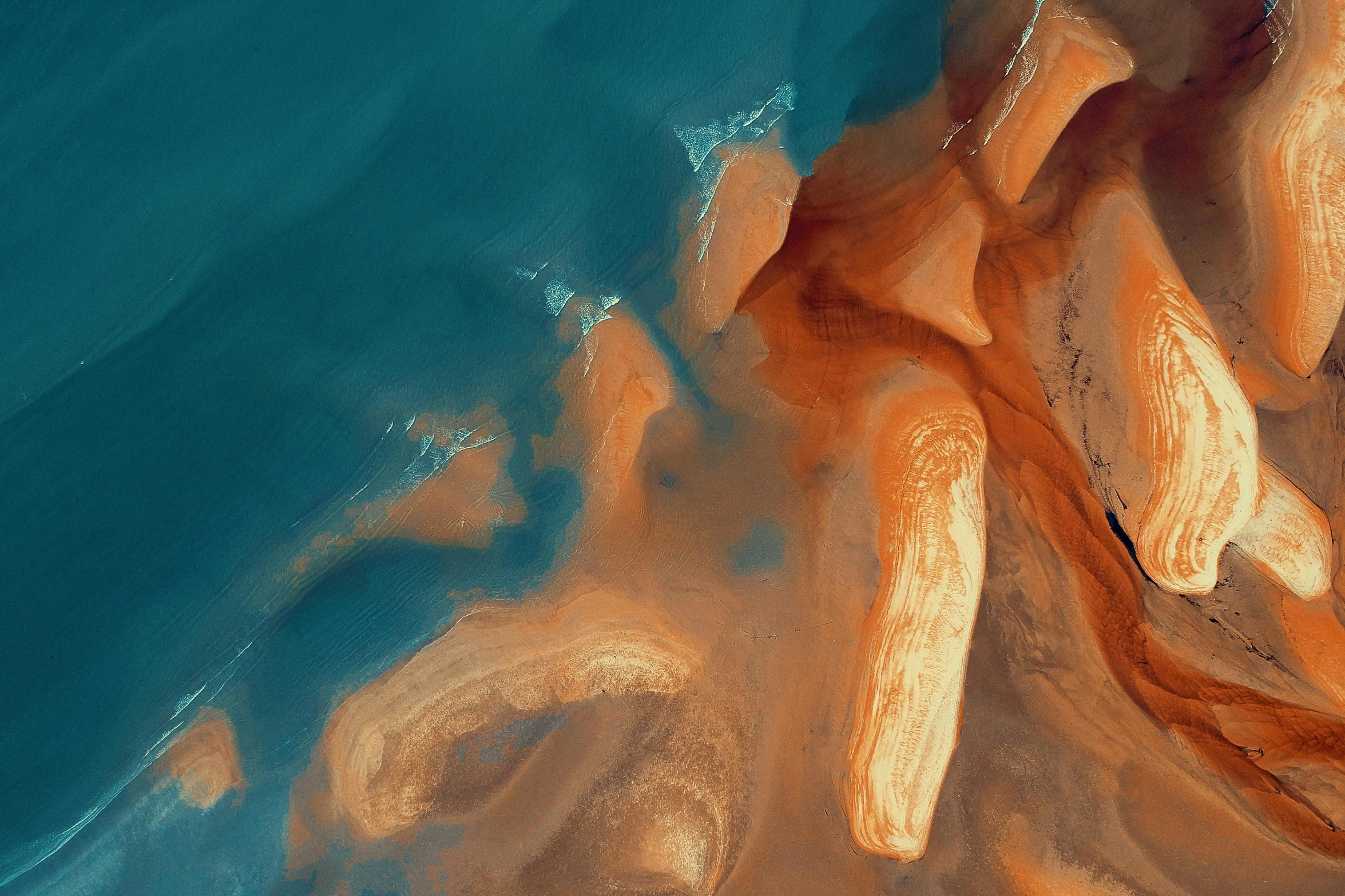 a group of fish floating on top of a body of water, by Eglon van der Neer, pexels contest winner, generative art, red sand beach, seen from space, digital oil on canvas, the australian desert