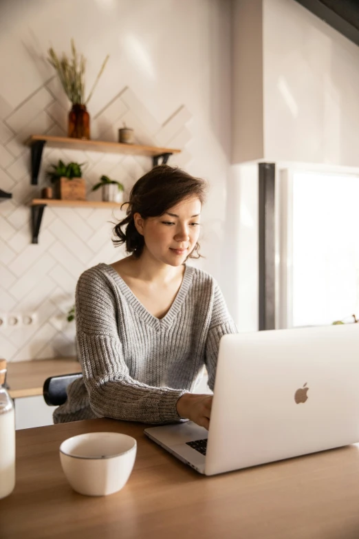 a woman sitting at a table working on a laptop, pexels contest winner, renaissance, joanna gaines, young asian woman, dwell, caucasian