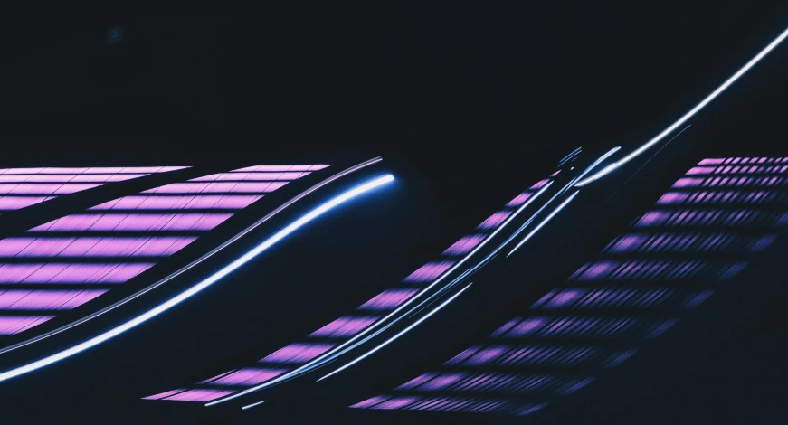 a couple of escalators sitting next to each other, an album cover, unsplash contest winner, light and space, abstract purple lighting, abstract art representing data, car lights, with a black background