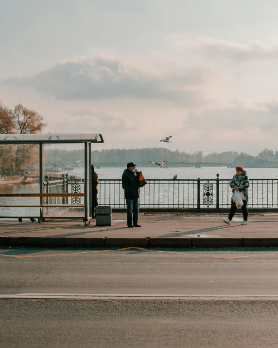 a group of people waiting at a bus stop, by Niko Henrichon, pexels contest winner, regionalism, lake in the background, man walking through city, 🚿🗝📝, non-binary