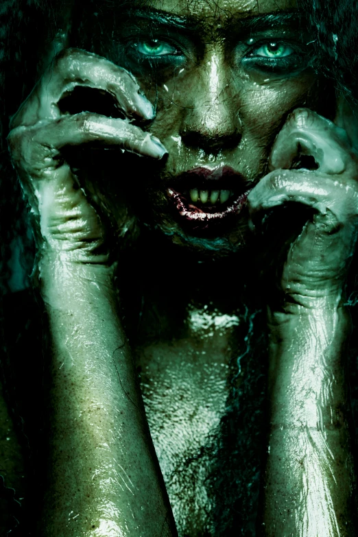 a close up of a person holding their hands to their face, poster art, deviantart, gothic art, full of greenish liquid, carnal ) wet, scary pose, innsmouth