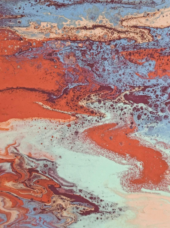 a close up of a painting of a body of water, red desert mars, coloured in teal and orange, marbling effect, pouring