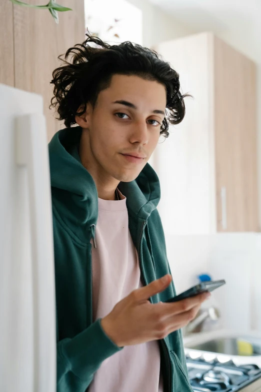 a woman standing in a kitchen looking at her cell phone, trending on pexels, renaissance, portrait of 1 5 - year - old boy, androgynous male, curls on top, avatar image