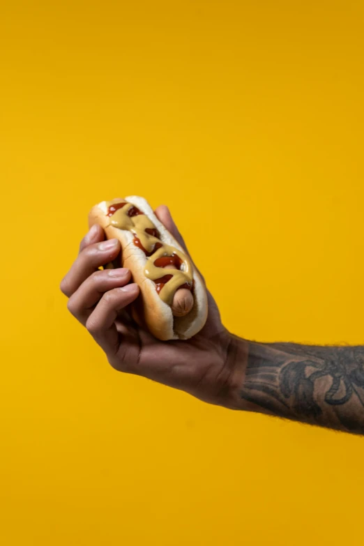 a person holding a hot dog with mustard and ketchup, a tattoo, pexels contest winner, plain background, subject: dog, sleek hands, 🐿🍸🍋