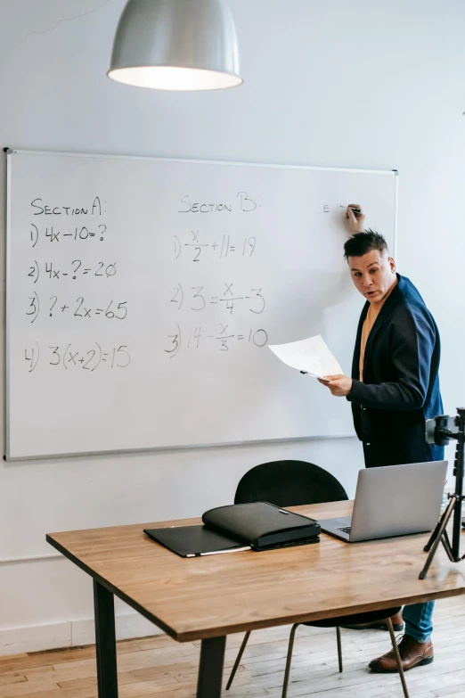 a man standing in front of a whiteboard with writing on it, trending on unsplash, academic art, algebra, giving a speech, tourist photo, sitting on a desk