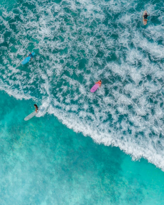 a group of people riding surfboards on top of a wave, flatlay, coral reefs, cyan and magenta, thumbnail