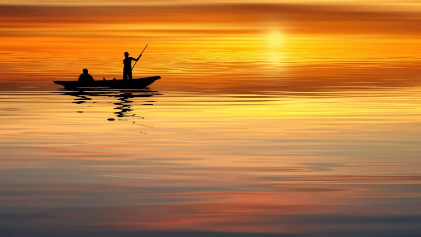 a man is fishing in a small boat at sunset, pixabay contest winner, romanticism, liquid gold, 4k serene, profile pic, hunting